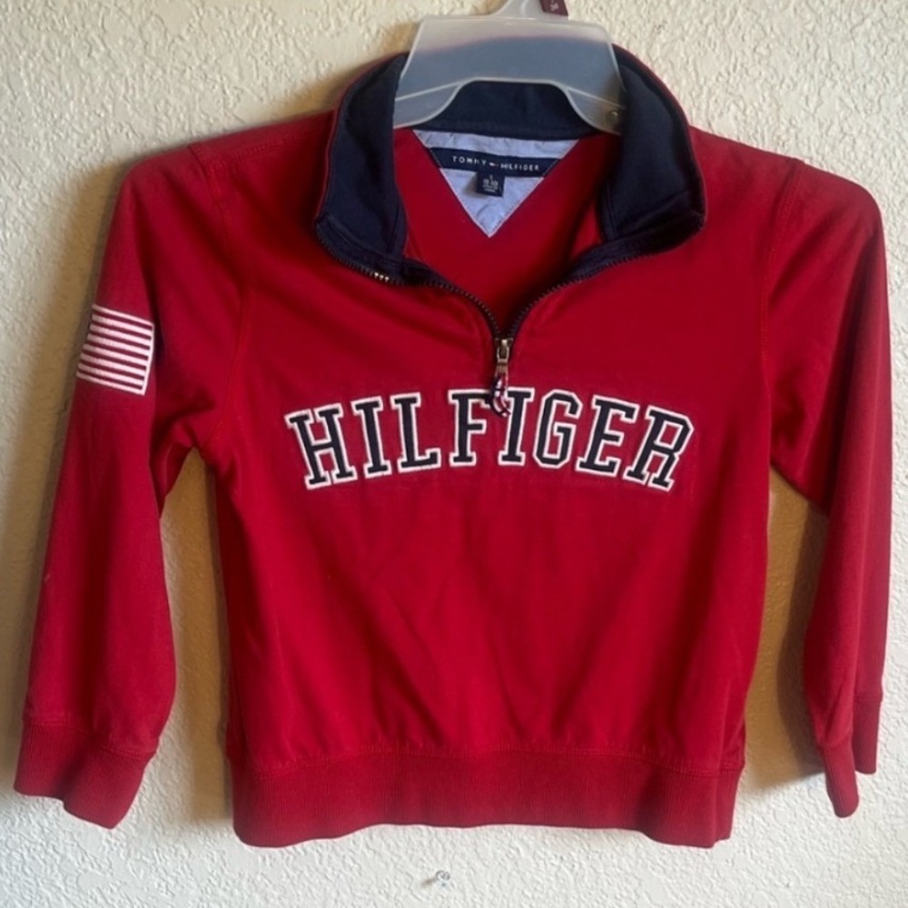 Tommy Hilfiger Boys Quarter Zip Sweatshirt Size 8 Red Spell Out Logo Flag USA